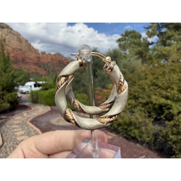 Vintage 14k Solid Yellow Gold Sterling Silver Hoop Earrings - Wire Braid Twist